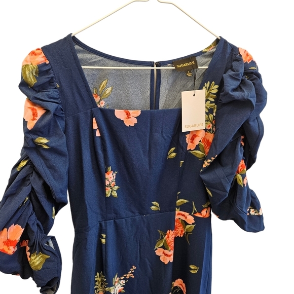 Vici SugarLips Life is Peachy Blue Floral Ruched Puff Sleeve Midi Dress NEW - Picture 3 of 6